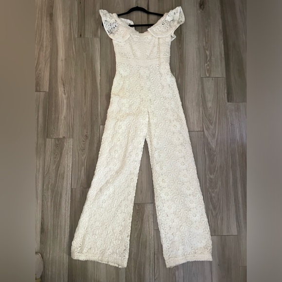 Alexis Pants - ALEXIS flowered embroidered off the shoulder jumpsuit in white size S